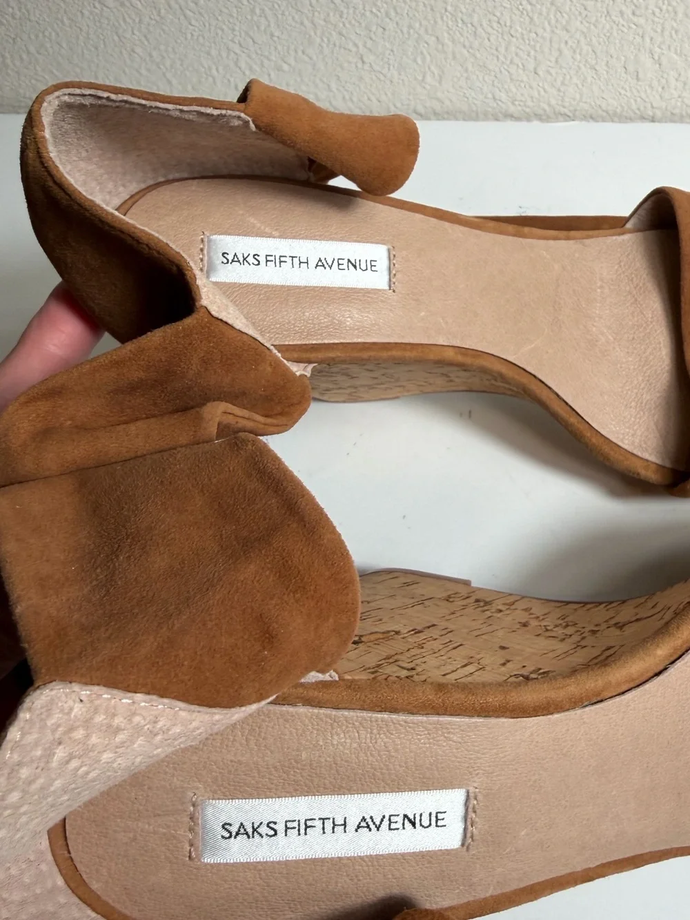 Saks Fifth Avenue~Cognac~Suede Leather Wrap~Cork~Wedge~Platform~Sandal~Size 9.5
